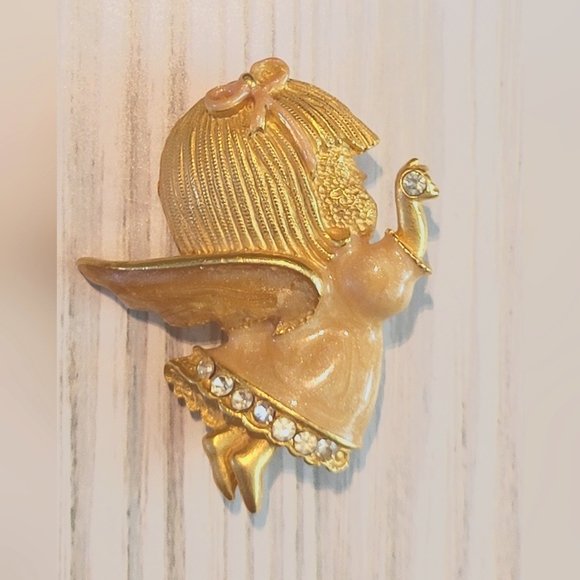 Jewelry | Vintage Angel Brooch With Gold And Rhinestone Accents | Poshmark